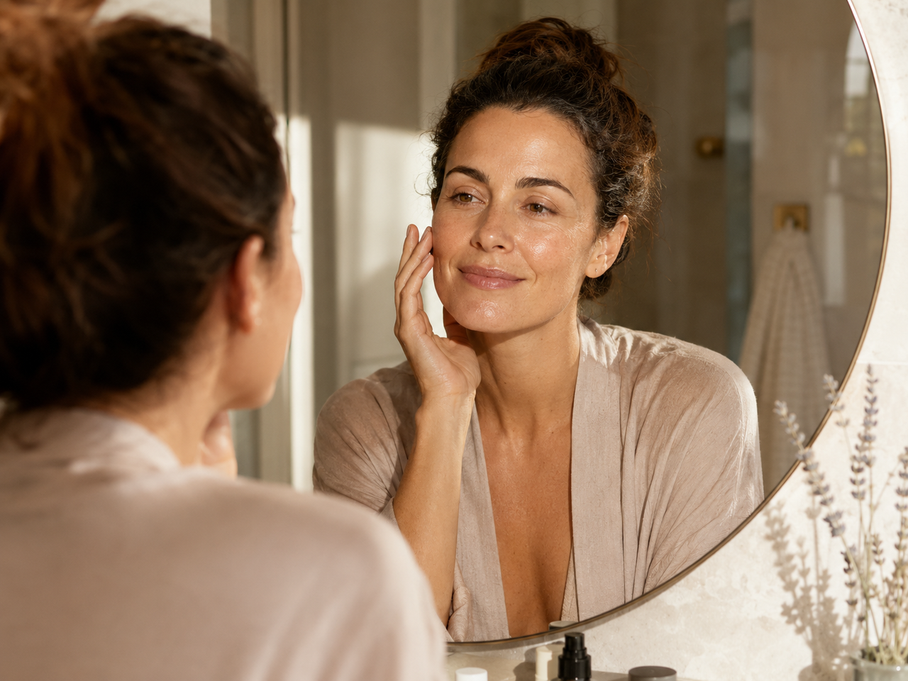 Woman with glowing dewy skin in morning light