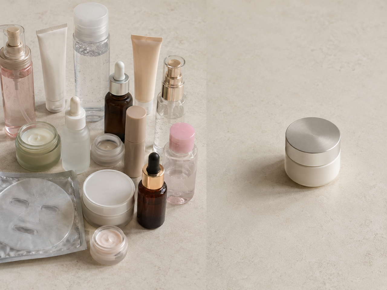 Woman looking at overloaded bathroom shelf of skincare products
