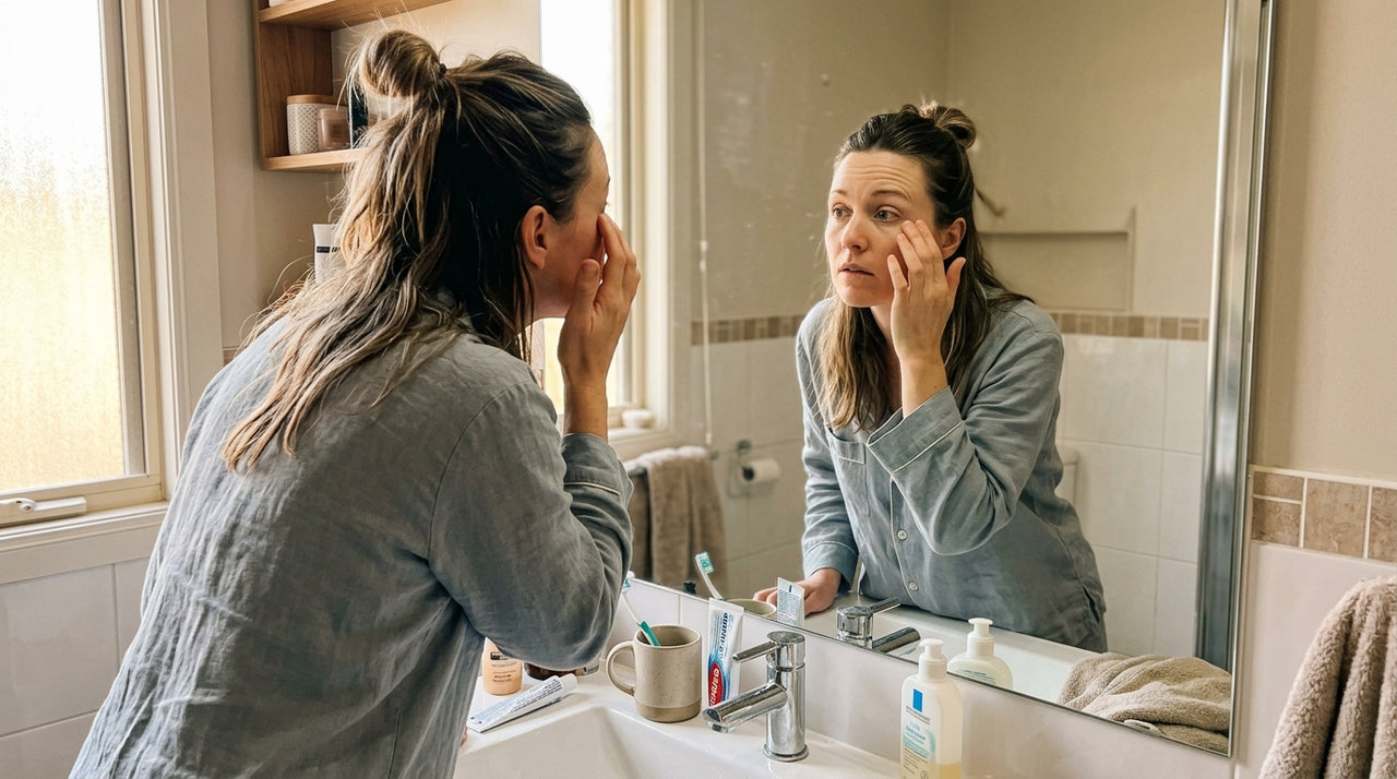 Woman examining her skin in the bathroom mirror, early morning
